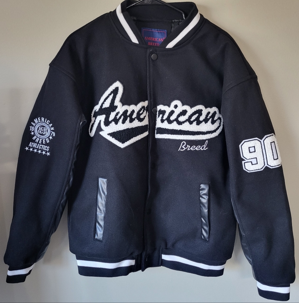 American Breed Men's Medium Bomber Athletic Jacket Black White Faux Leather